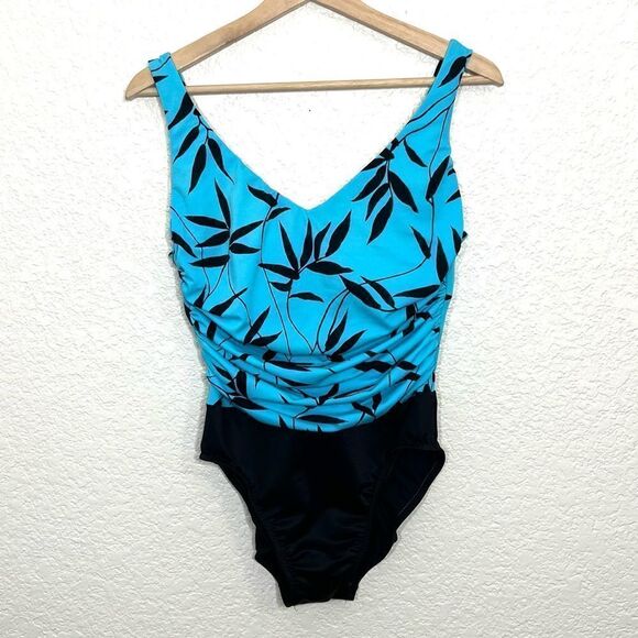 Miraclesuit One Piece Swimsuit Tropical Leaf Print Aqua Blue and Black Size 12 - Picture 13 of 13